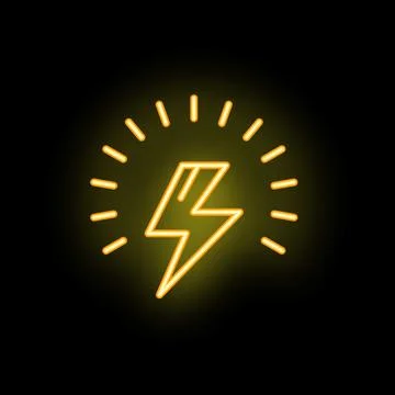 Neon yellow lightning bolt striking with sunburst behind on black background Stock Illustration