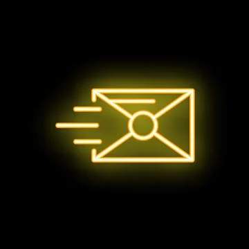 Neon yellow mail envelope icon flying on black background Stock Illustration