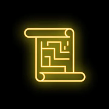 Neon yellow maze on paper scroll glowing on black background Stock Illustration