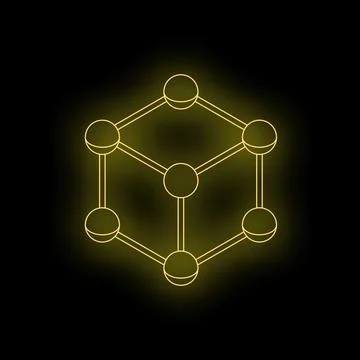 Neon yellow molecule structure glowing on black background Stock Illustration
