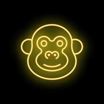Neon yellow monkey face glowing on black background Stock Illustration