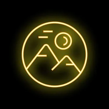 Neon yellow mountain landscape inside a circle on black background Stock Illustration