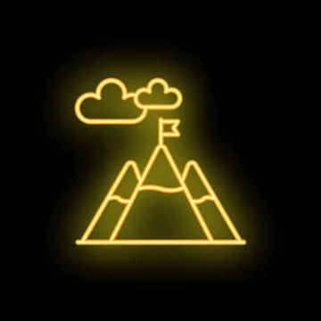 Neon yellow mountain peak with flag reaching goals icon on black background Stock Illustration