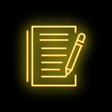 Neon yellow note paper and pencil icon glowing on black background Stock Illustration