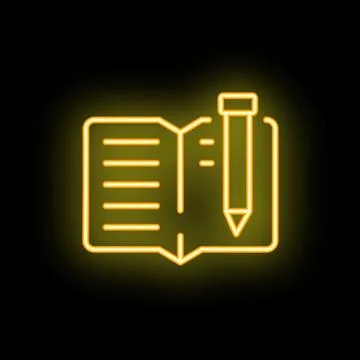 Neon yellow notebook and pen icon glowing on black background Stock Illustration