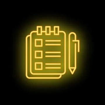 Neon yellow notepad and pen icon glowing on black background Stock Illustration