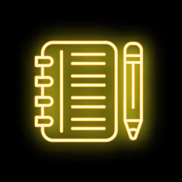 Neon yellow notepad and pencil icon glowing on black background Illustrazione stock