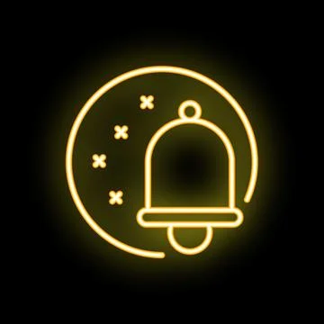 Neon yellow notification bell icon glowing on black background Stock Illustration