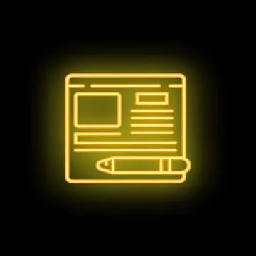 Neon yellow online article editing icon on black background Illustrazione stock