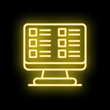 Neon yellow online survey on computer screen icon glowing on black background Stock Illustration