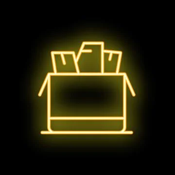 Neon yellow open box full of files icon on black background Stock Illustration