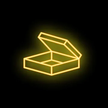 Neon yellow open box shining on black background Illustrazione stock