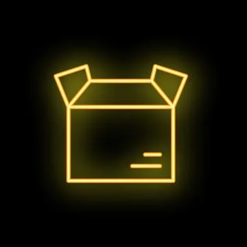 Neon yellow open cardboard box with label on black background Stock Illustration