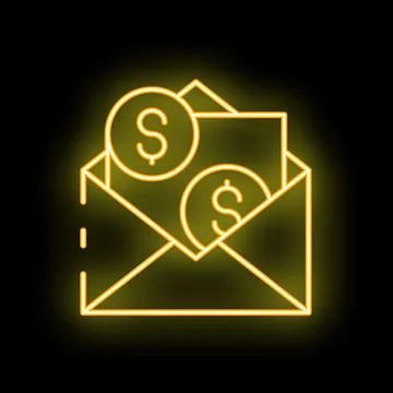Neon yellow open envelope containing cash money on black background Stock Illustration