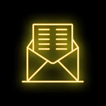 Neon yellow open envelope containing a letter on a black background Stock Illustration