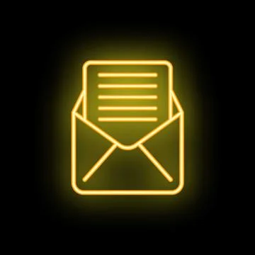 Neon yellow open envelope containing letter on black background Stock Illustration