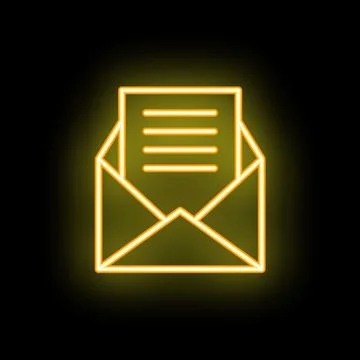 Neon yellow open envelope with letter sticking out on black background Stock Illustration