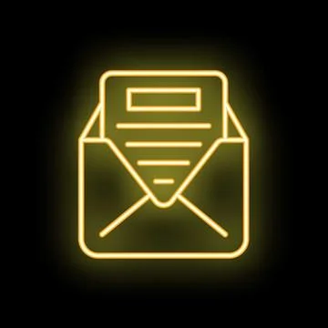 Neon yellow open envelope with letter sticking out on black background Stock Illustration