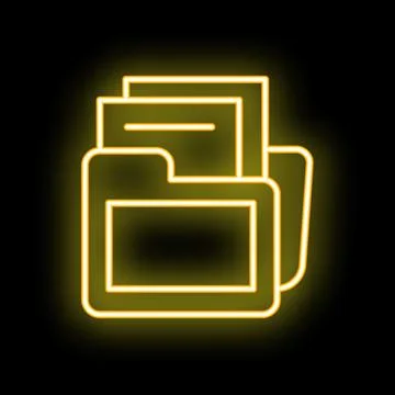 Neon yellow open folder icon with documents on black background Stock Illustration