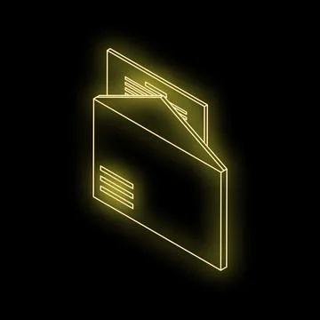 Neon yellow open mail envelope with letter sticking out on black background Stock Illustration