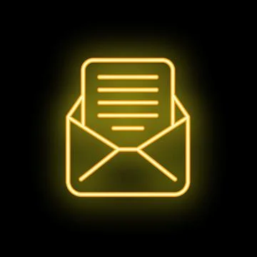 Neon yellow open mail envelope with letter sticking out on black background Stock Illustration