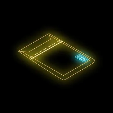 Neon yellow package with blue barcode isometric view on black background Stock Illustration