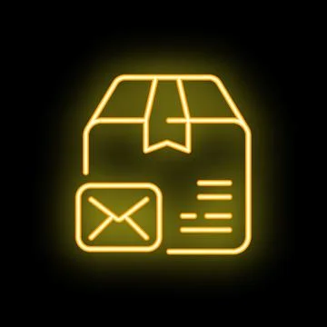 Neon yellow parcel with email notification icon on black background Stock Illustration