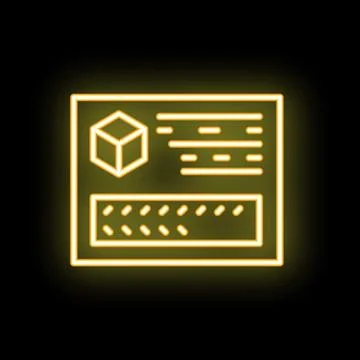 Neon yellow product label with barcode and cube logo on black background Stock Illustration