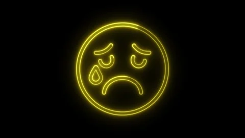 Neon yellow sad crying emoji icon with glowing light effect on dark background Stock Footage 341813992