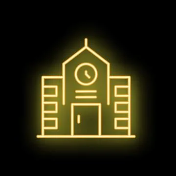 Neon yellow school building with clock tower glowing on black background Stock Illustration