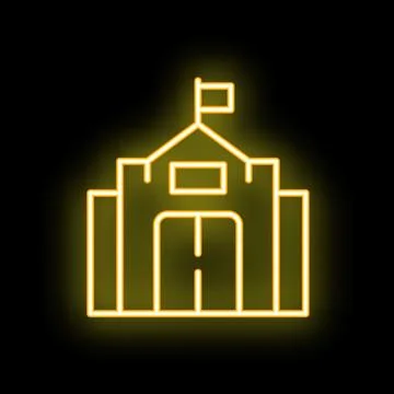 Neon yellow school building with flag waving on black background Ilustración de archivo