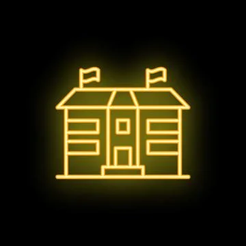 Neon yellow school building with flags icon graphic on black background Ilustración de archivo