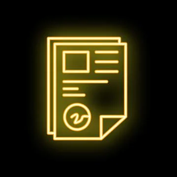 Neon yellow signed document icon glowing on black background Stock Illustration