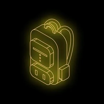 Neon yellow smart backpack with power bank glowing on black background Stock Illustration