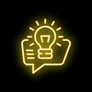 Neon yellow speech bubble containing light bulb shining on black background Illustrazione stock