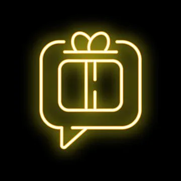 Neon yellow speech bubble with gift box on black background Stock Illustration