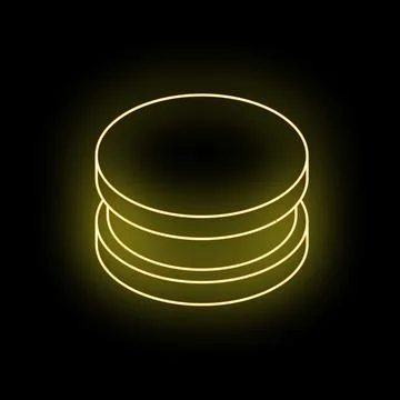 Neon yellow stack of coins icon glowing on black background Stock Illustration