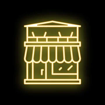 Neon yellow storefront with awning glowing on black background Stock Illustration