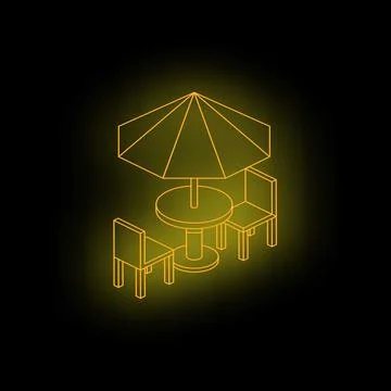 Neon yellow street cafe table with umbrella and chairs shining on black bac.. Stock Illustration