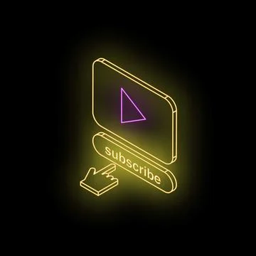 Neon yellow subscribe button with hand cursor clicking and play button, isome Stock Illustration