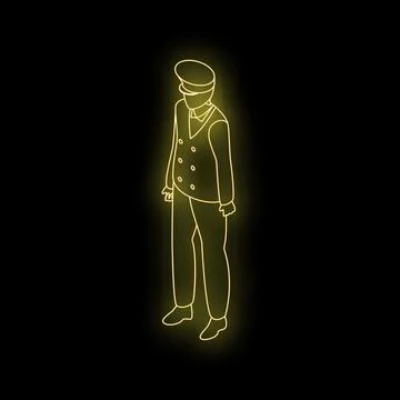 Neon yellow train conductor standing isometric view on black background Stock Illustration