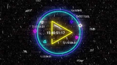 Neon yellow triangle play icon glowing center, with rotating cyan and magenta Stock Footage 307886041