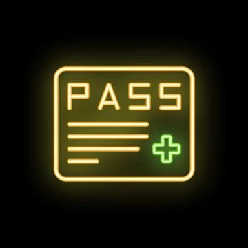 Neon yellow vaccination document icon glowing on black background Stock Illustration