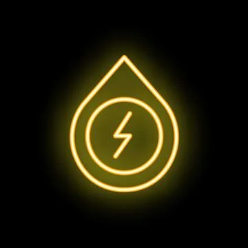 Neon yellow water drop with lightning bolt on black background Stock Illustration