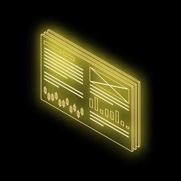 Neon yellow wireframe of web design showing analytics and text Illustrazione stock