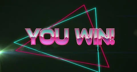 Neon YOU WIN inside glowing triangles on dark backdrop 스톡 사진