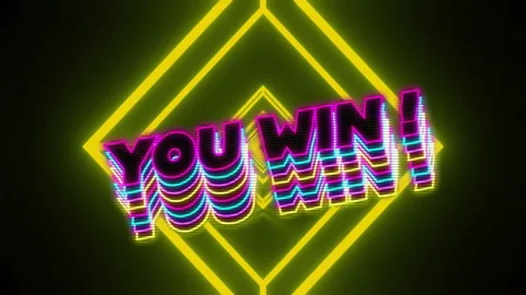 Neon YOU WIN! text animating with glitch effect, glowing diamond outlines Stock Footage 309066930