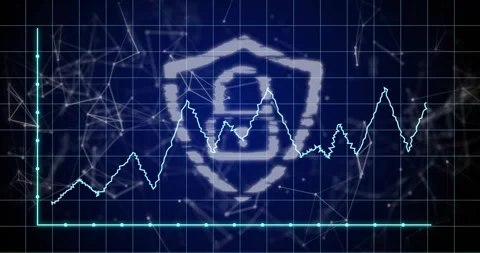Neon zigzag line chart fluctuating over light-blue grid with network nodes Stock Footage 309286301