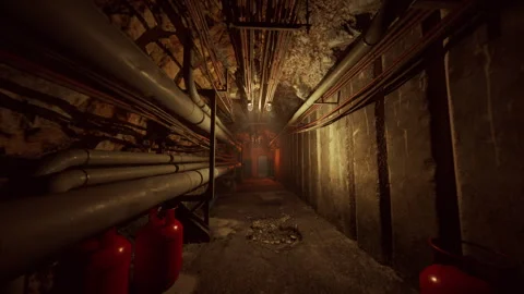 Neonlit corridor with reflective puddles and gritty textures creates mood Video stock 334334704