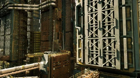 Neontinged shadows cast over gritty industrial metal pathway Video stock 333991968